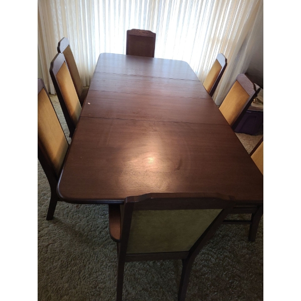 Dining Table 95 W, 46 D, 28 T  Includes: 2 Arm Chairs 22 W, 20 D, 38 T and 6 Side 19 W, 19 D, 38 T