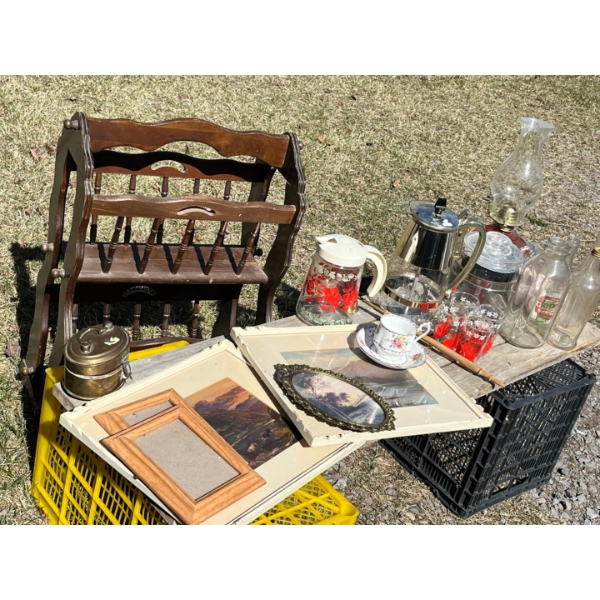Retro magazine stand wooden/brass picture frames tea cup & saucer vintage bottles oil lamp Pyrex