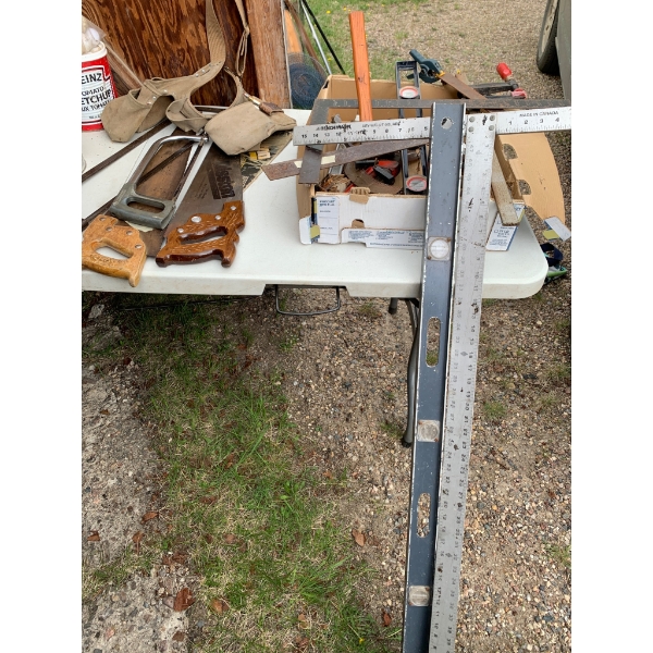 Hand Tools and Tool Belt Set with Saws, Levels, and Accessories