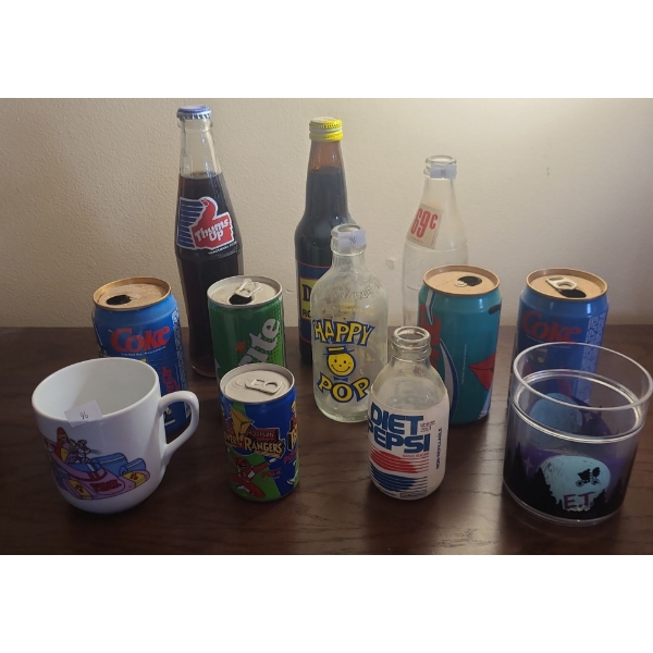 Vintage: Pink Panther Mug, E.T. Cup, Assorted Pop Cans and Bottles 