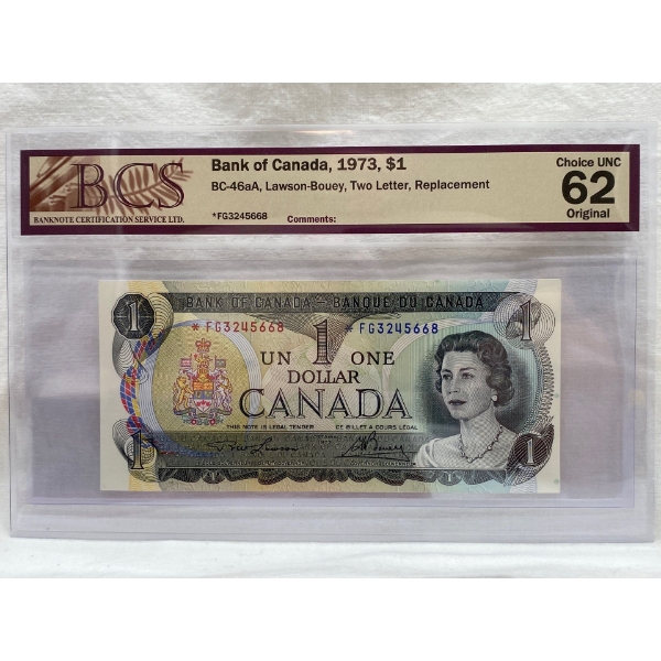 Graded Canadian 1973 $1 Choice UNC Prefix: *FG