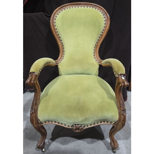 Antique Art Nouveau Bent Oak / Velvet Ornate Carved Moss Chair on Wheels - 26W, 34D, 40T