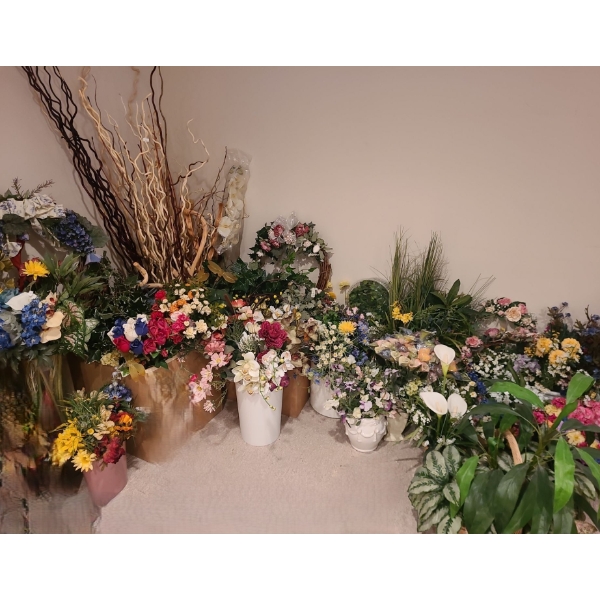 Large Assortment of Artificial Floral Decor- Also: Tall Curly Sticks 60 T, Some Holders Included