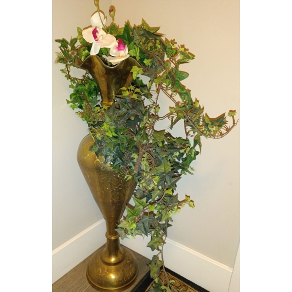 Vintage Brass Vase W/ Embossed Floral Arrangement  31"tall