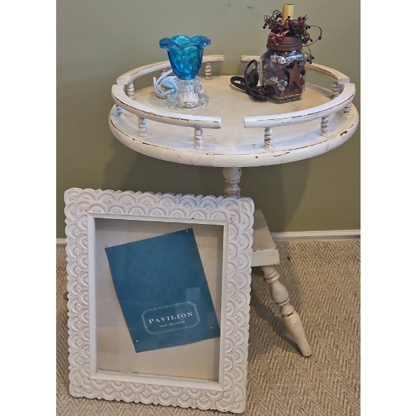 Shabby Chic Round Accent Table, Blue Glass Lamp, Framed Shadowbox