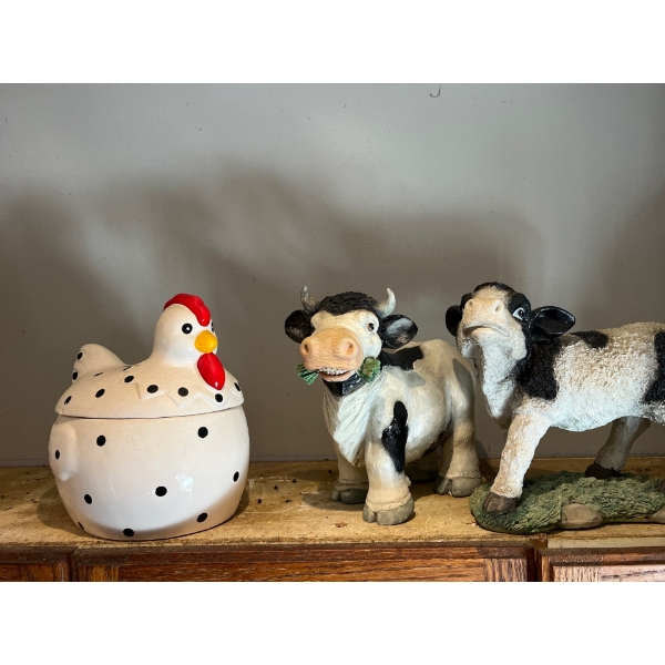 chicken, cookie jar, and two cows