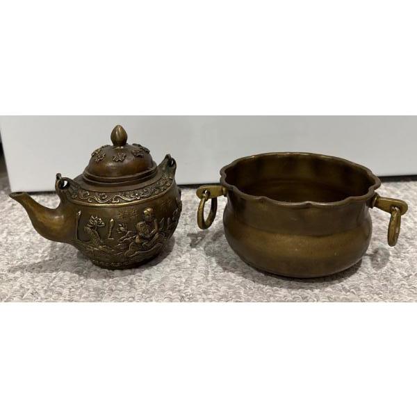 Brass  Antique Decorative Chinese Teapot w/ Made in India Brass Bowl (7W) 