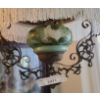 Image 3 : Gorgeous Green Floral Antique Hand Painted Coal Oil Lamp w Glass Beads & Nylon Thread 18 w,  37 t