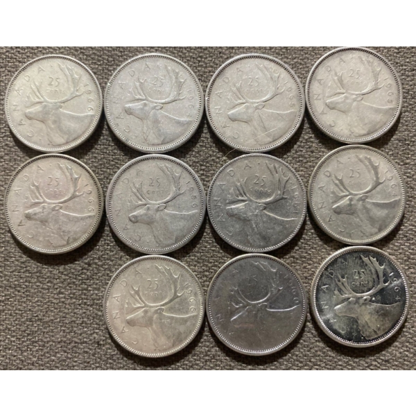 Canadian 25-cent Pieces 80% Silver 64.13 Grams