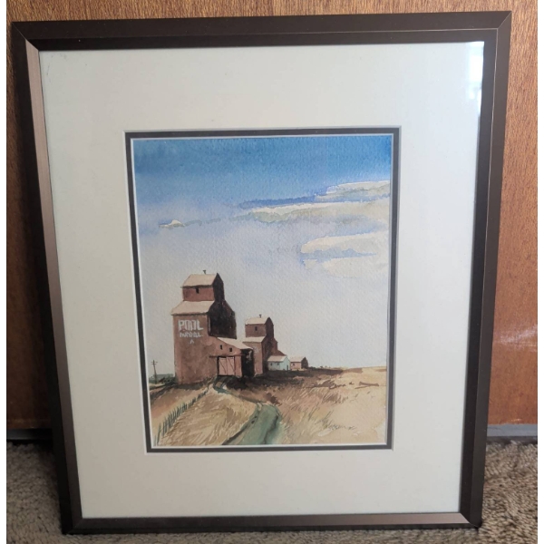 Framed Watercolor Painting Depicting Rural Scene with Grain Elevators