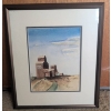 Image 1 : Framed Watercolor Painting Depicting Rural Scene with Grain Elevators