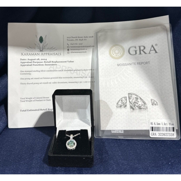 1ct Round Teal Moissanite with 30 Cubic Zirconium Chips Set in Sterling Silver Necklace
