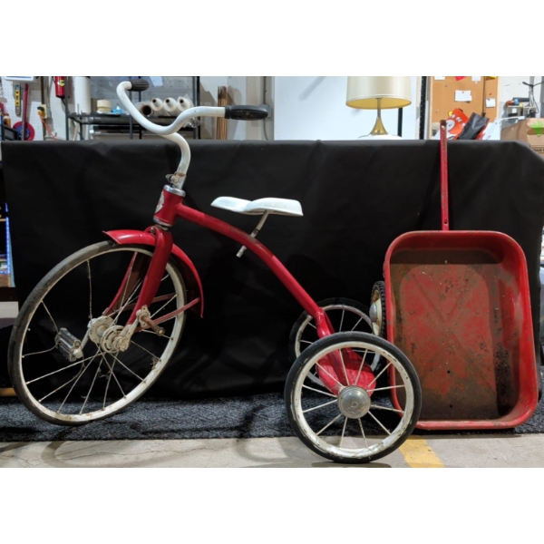 Antique XL Tricycle w/ Pull Along Cargo Trailer 40x33