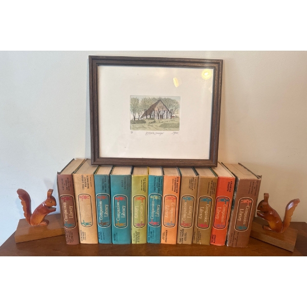 Companion Library Books Collection w/ Squirell Bookends & Paul Louis Guilbert's Antique Etched Art