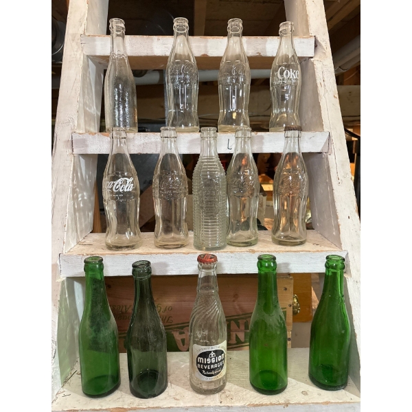 collection of antique/vintage Coca-Cola bottles, green glass bottles mission beverages clear, crush 