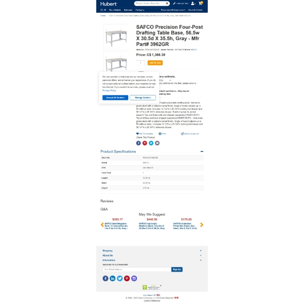 NEW in Freight Box Safco Precision Drafting Table Base Only 56 3/8" W Grey 