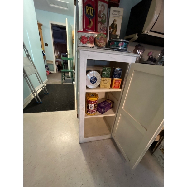 Antique Wood Kitchen cupboard with collection of tins originally bought at an Antique show in Red De