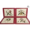 Image 3 : vintage placemats with botanical prints and a framed art print featuring a figure in vintage cricket
