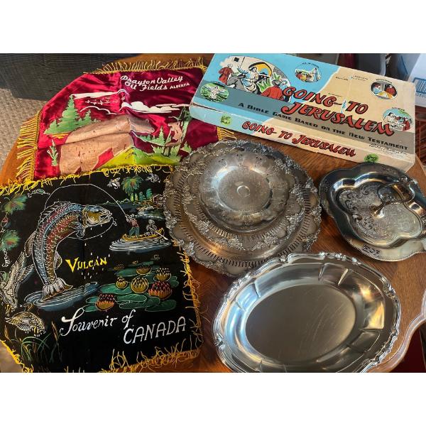  Going to Jerusalem, board game and silver plated serving dishes with two vintage Canadian pillowcas