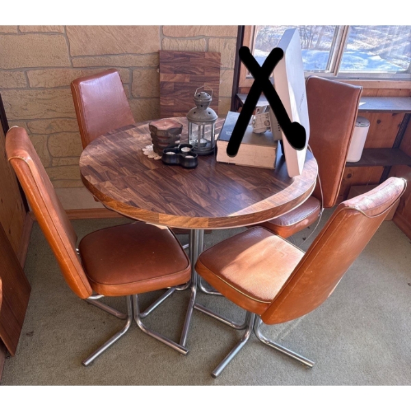 Circular Pedestal Style Dining Table w/Four MCM Leather Covered Chairs