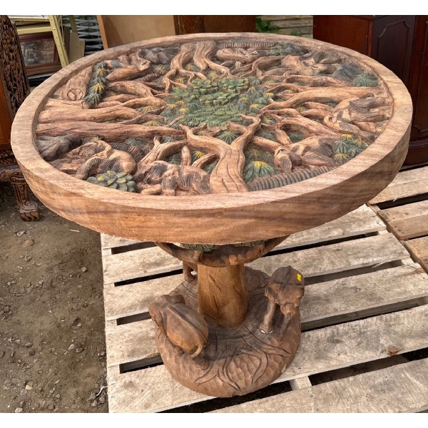 Lovely Wood carved Table, Elephant Jungle Theme, Lazy Suzan Like Spinning - 32W, 30T