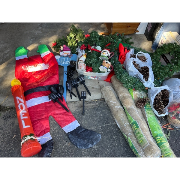  collection of Christmas decorations carline burlap a vintage plastic candle blowup Santa solar ligh