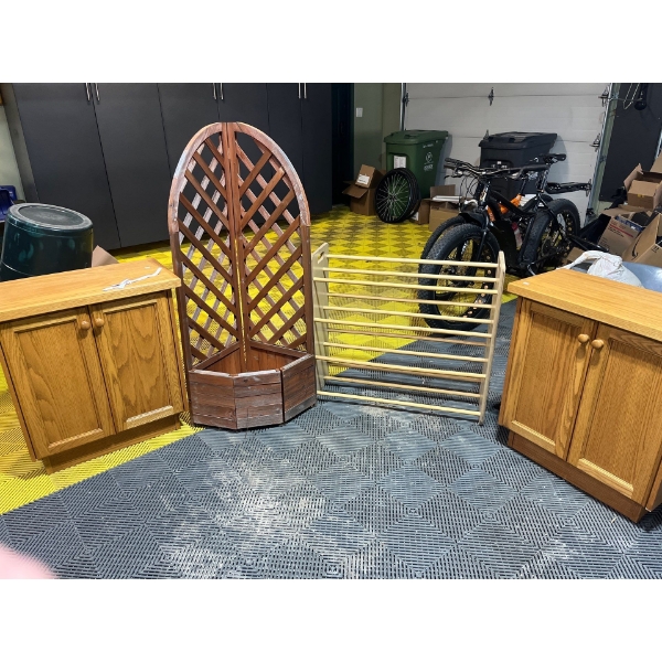 2 Oak Cabinets With Shelves & Storage bin Holder 