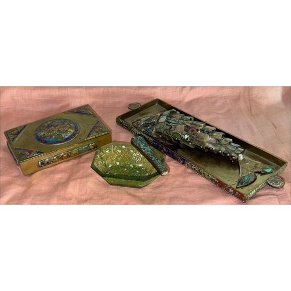 Enameled Brass Trinket Box w/ Jewelry Tray Gorgeous Abalone Coy Fish & more