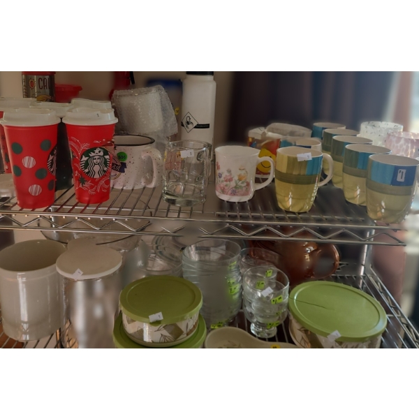 Contents of Shelf: Cups, Mugs, Bowls, Teapot