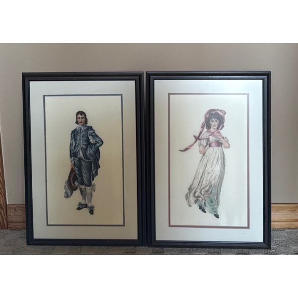 Boy in Blue & Young Girl in White Needlpoint Pair on White Background  - 15x21 Each 