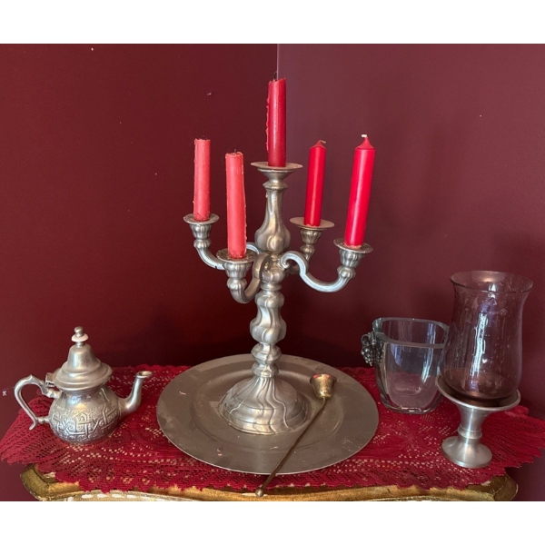 Pewter Collection Incl. Lovely Solid Candelabra, Morocco Teapot, Candles, Candle Holder, Thick Vase
