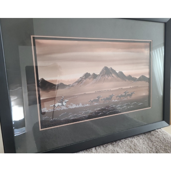 Print of Cowboy and Horses, Artist Illegible, Framed Under Glass 20.5 X 15