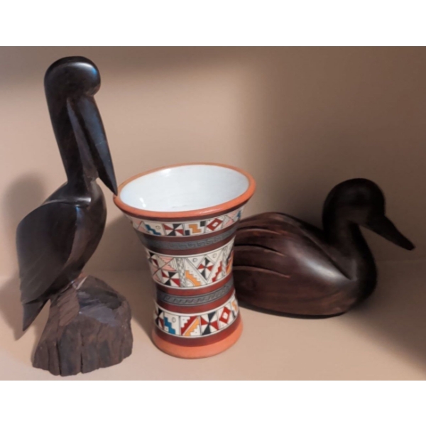 Artisinal Decor - Hand Carved Mahogany Pelican & Duck Decoy w/ Peruvian Redware Pottery Vase 8"Tall