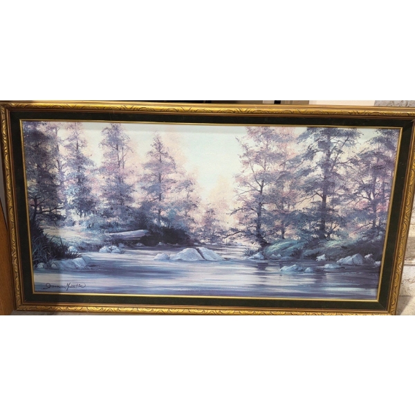 James Mastin Oil On Canvas Serene Forest & Lake Scene- Gold Gilt Frame  53x28"tall