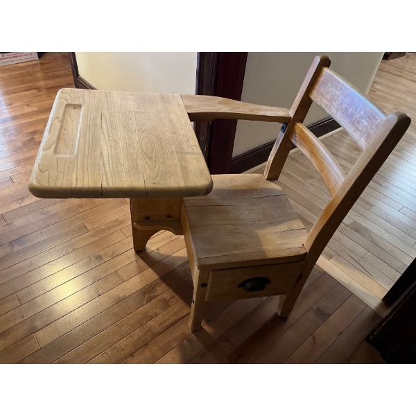  vintage old style wooden desk and a solid wood two drawer nightstand