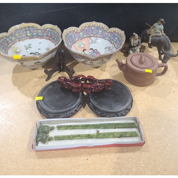 Assorted Household Decor Including: Bowls 10" Diameter Top w/ Stands, Female Rider 7 T and More!