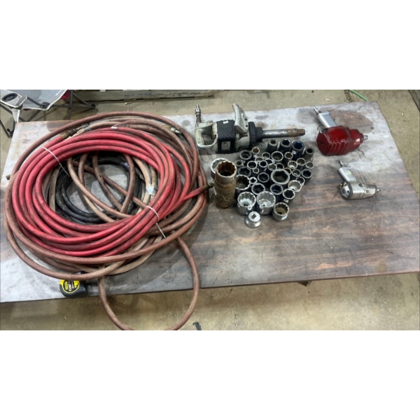 Ingersoll 1" Impact, Mac 3/4" Impact & Jet 3/8 Impact, Assorted Sockets & Hoses w/ Table
