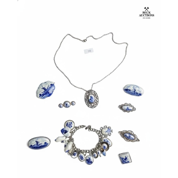  Collection Of Vintage Dutch Delft Porcelain Costume Jewelry , Necklace, Bracelet, Earrings.