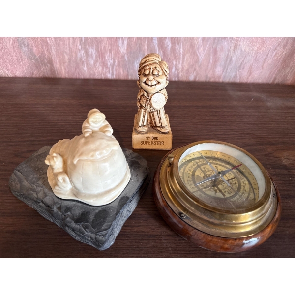 Vintage Nautical Compass, Indigenous Carved Stone Pearlite, Dad Figure 
