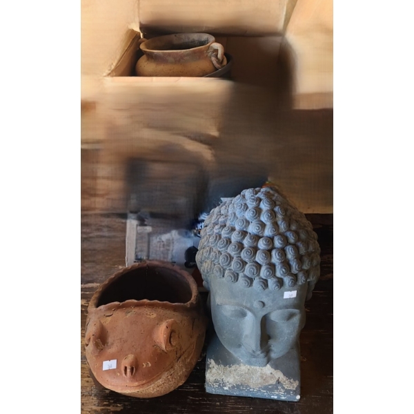 Outdoor Head Statue 7 W, 7 D, 147 T, Frog Planter, Also Plant Pots In Box- Largest: 14" Diameter