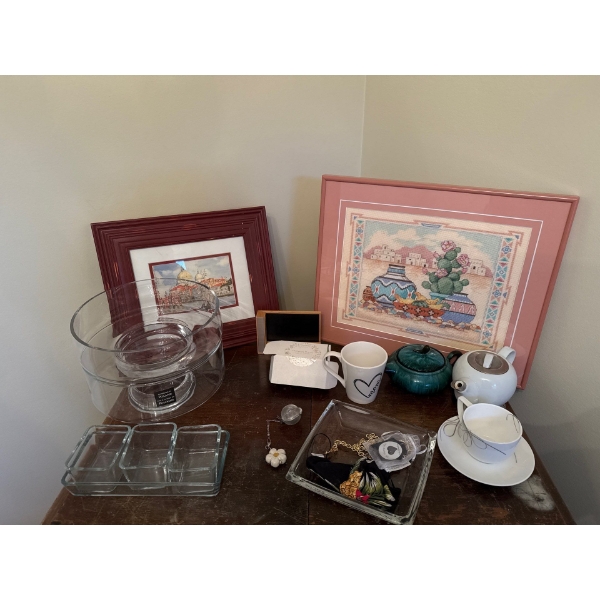 Glass, Home & Decor Collection  Including Needlepoint Art and Framed Print 