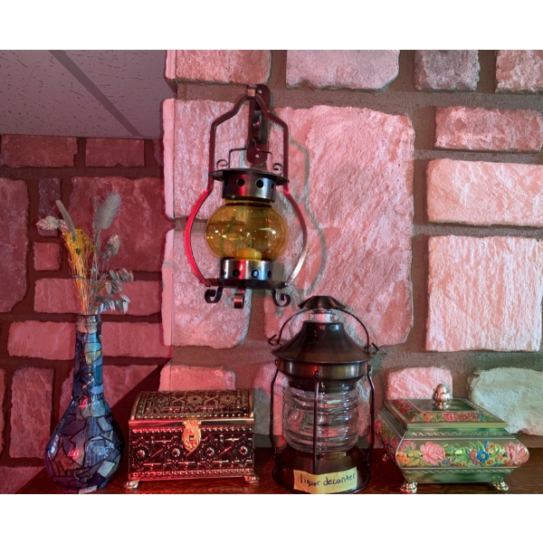 Oil lamp Liquor Decanter w/ Decorative Tins, Hanging Oil Lamp Candle Holder, Decorative Vase 