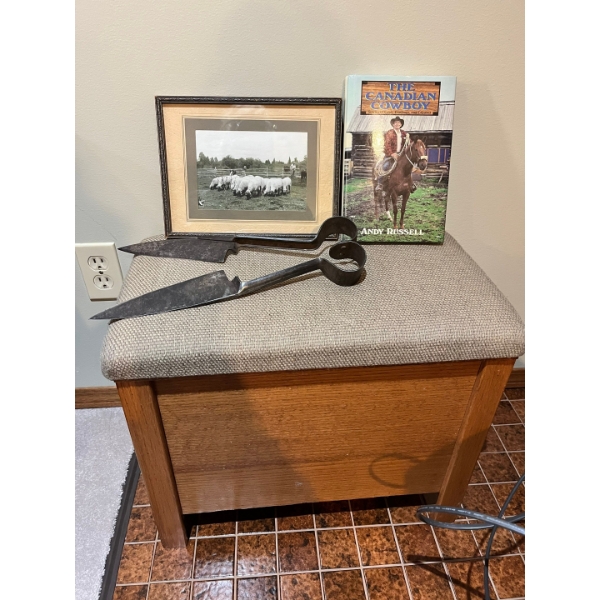 Vintage sheep shears, picture, book ( the Canadian Cowboy) And a small stool/ storage 
