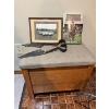 Image 1 : Vintage sheep shears, picture, book ( the Canadian Cowboy) And a small stool/ storage 
