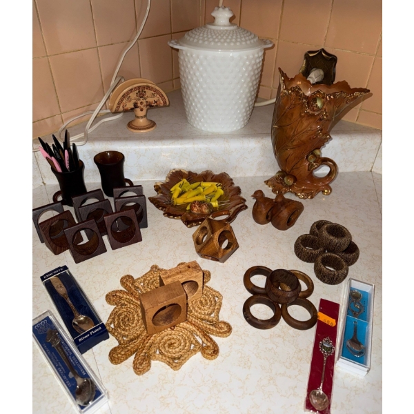 Vintage Enesco Cornucopia Vase w/ Studded Milk Glass Cookie Jar Napkin Rings & More