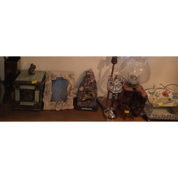 Decor: Candle w/ Jewels 9 T, Wood Base Lantern 14 T , Tray w/ Jewels 8 W, 8 D, 2 T and More!