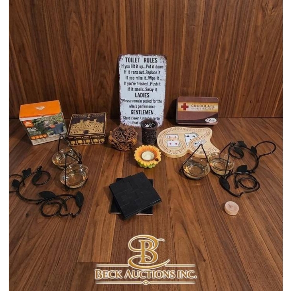 Decorative Home Items Collection with Wall Plaques, Candle Holders, and Puzzle Set