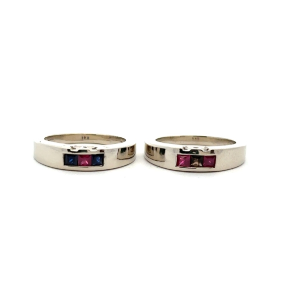 14K 10.46g White Gold Ring Jackets with Three Rubies, One Smokey Quartz, and Two Blue Sapphires