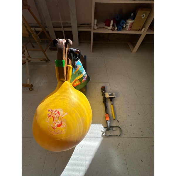  kids toys, antique wood horse, rocker antique bouncy ball kids bag, and two selfie sticks