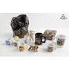 Image 1 : Various Miniature Douvenir Mugs And Decorative Large Piece Of Obsidian Small Dog And Cat Figures.